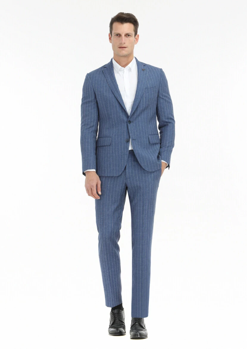 Blue Striped Zeroweight Slim Fit Wool Blended Suit - 1