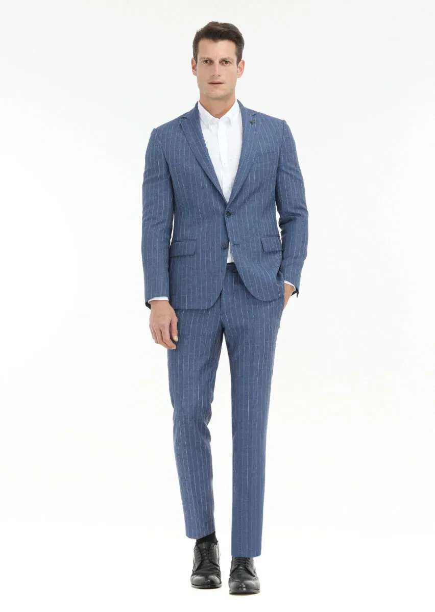 Blue Striped Zeroweight Slim Fit Wool Blended Suit - 1
