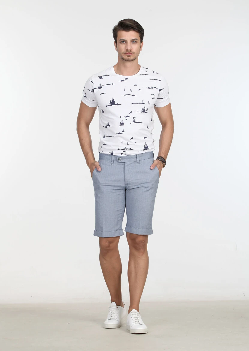 Blue Weaving Regular Fit Casual 100% Cotton Bermuda - 1