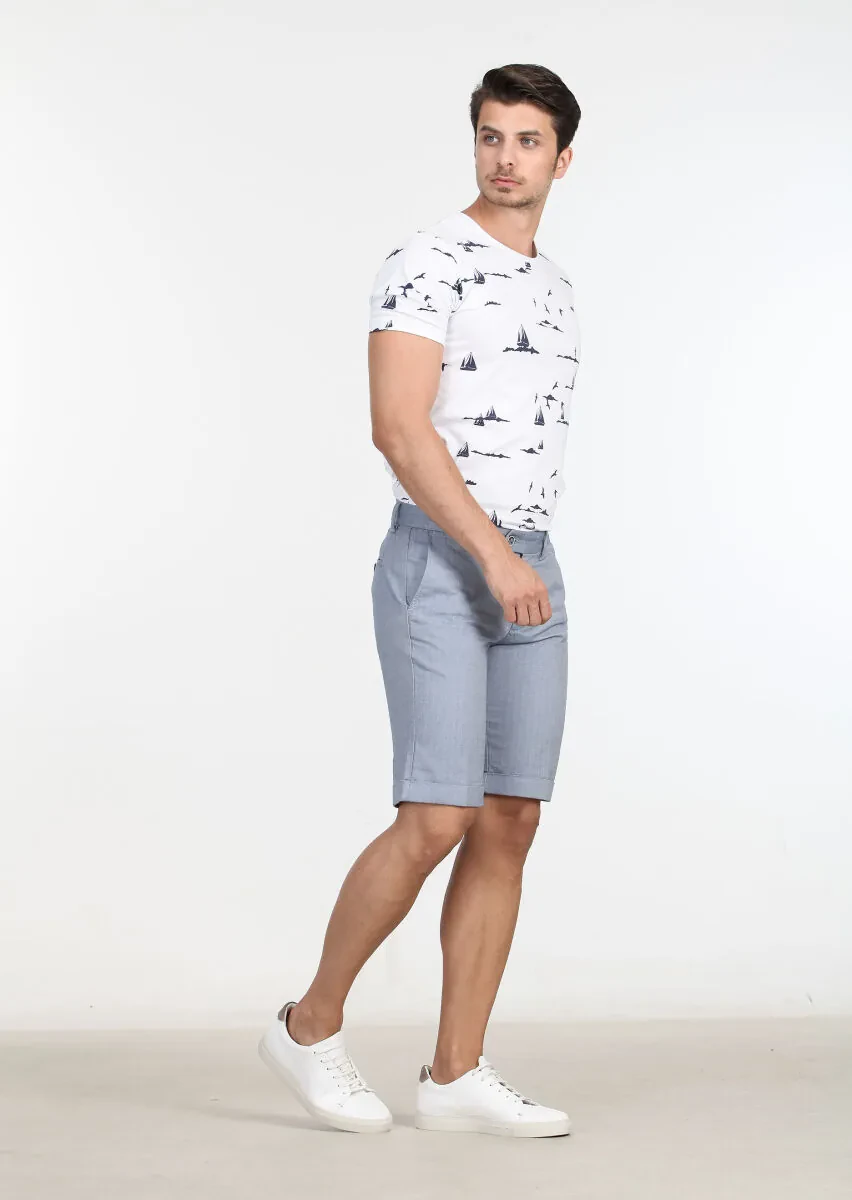 Blue Weaving Regular Fit Casual 100% Cotton Bermuda - 3