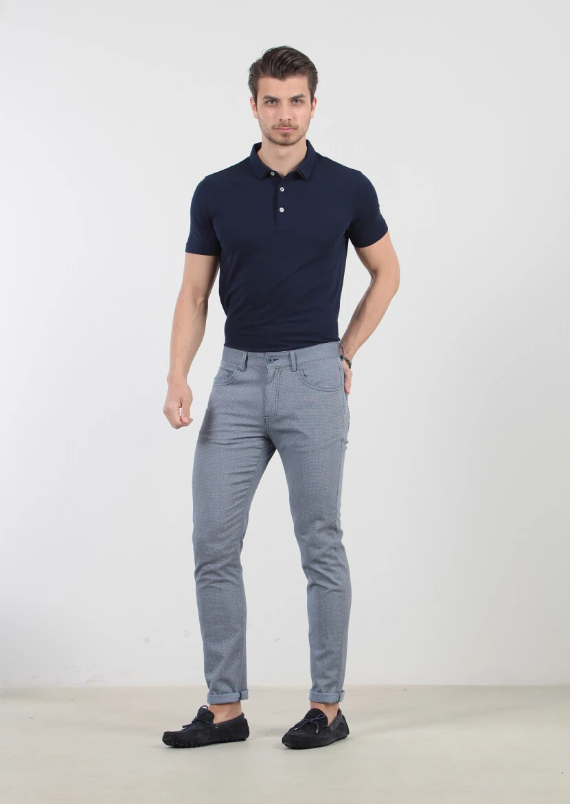 Blue Weaving Slim Fit Casual Cotton Blended Trousers - 2