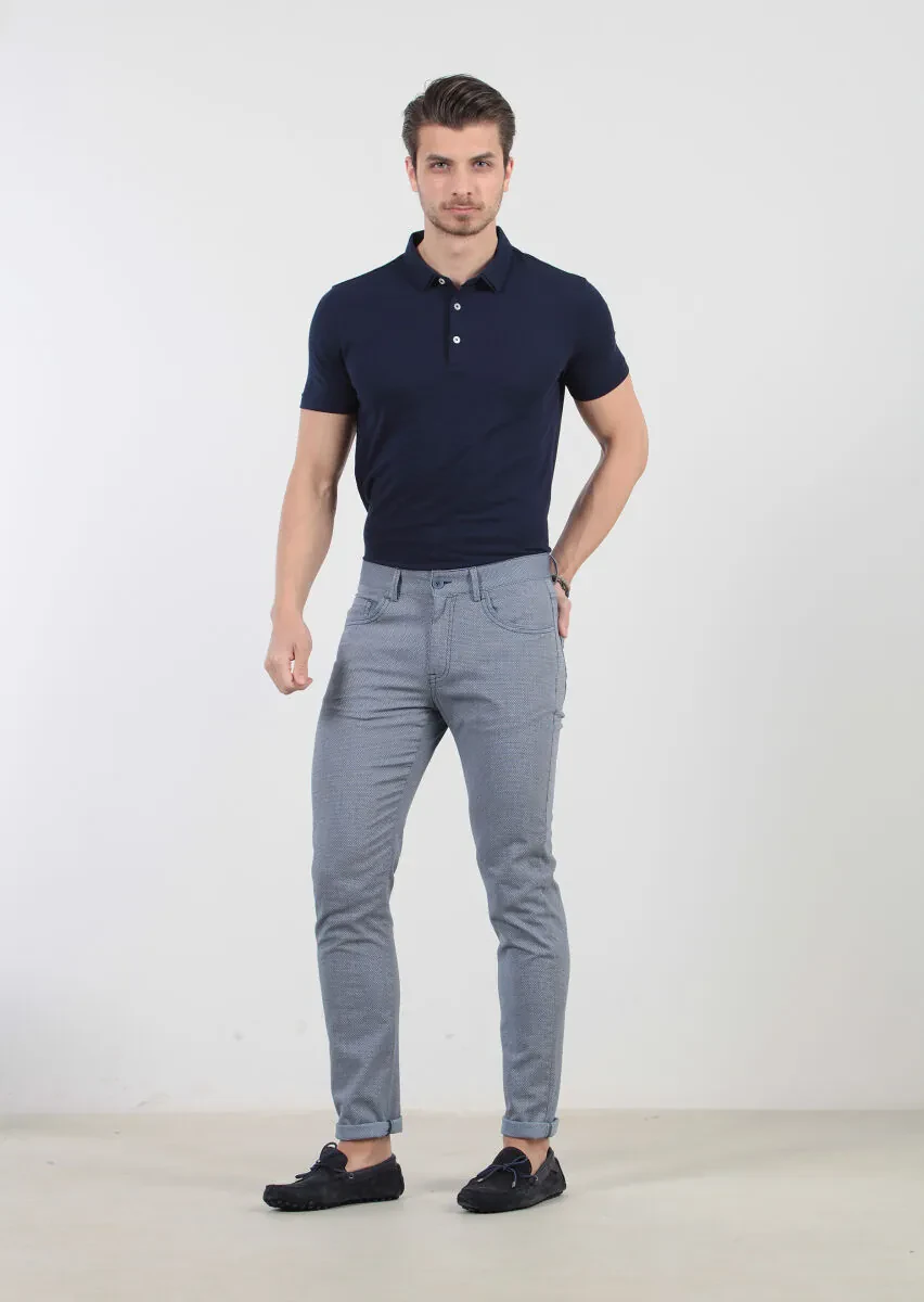 Blue Weaving Slim Fit Casual Cotton Blended Trousers - 2