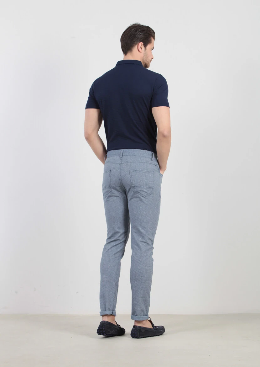 Blue Weaving Slim Fit Casual Cotton Blended Trousers - 4