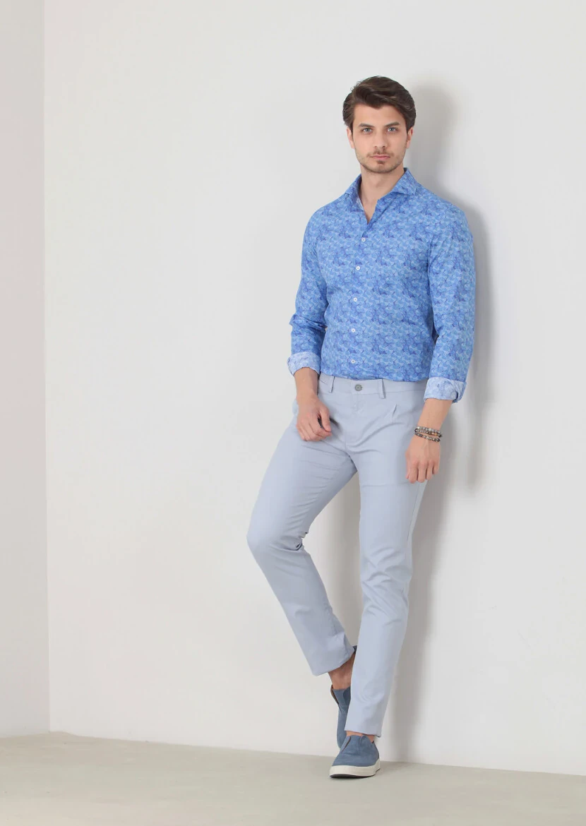 Blue Weaving Slim Fit Casual Cotton Blended Trousers 