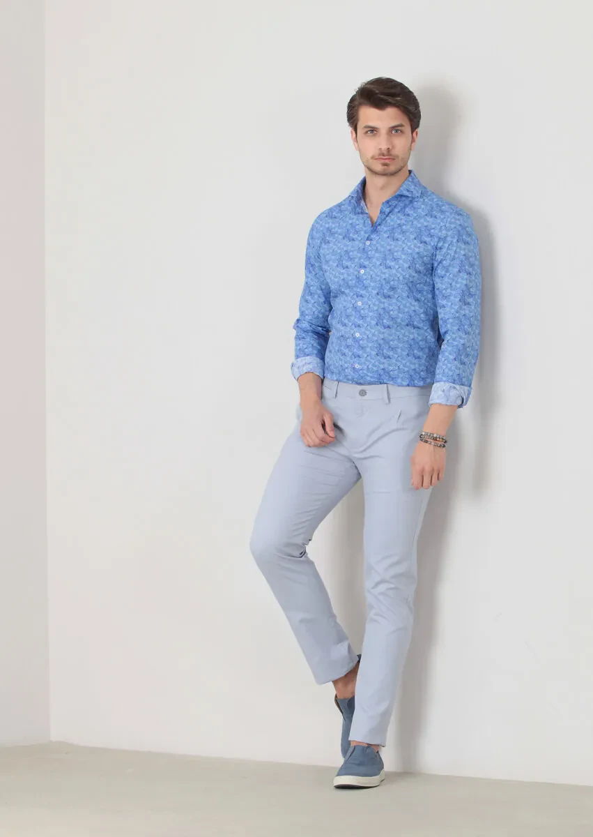 Blue Weaving Slim Fit Casual Cotton Blended Trousers - 2