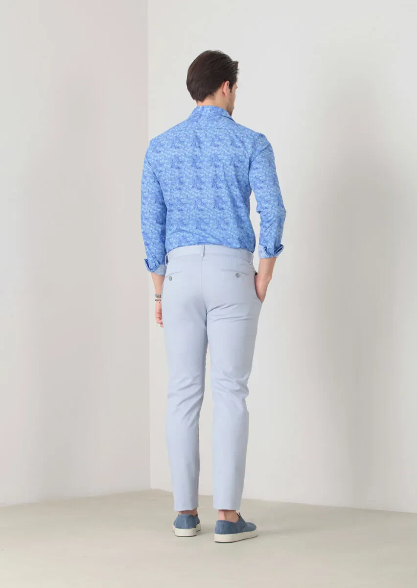 Blue Weaving Slim Fit Casual Cotton Blended Trousers - 4