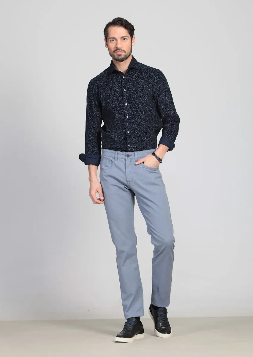 Blue Weaving Slim Fit Casual Cotton Blended Trousers - 1