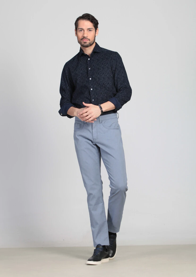 Blue Weaving Slim Fit Casual Cotton Blended Trousers - 3