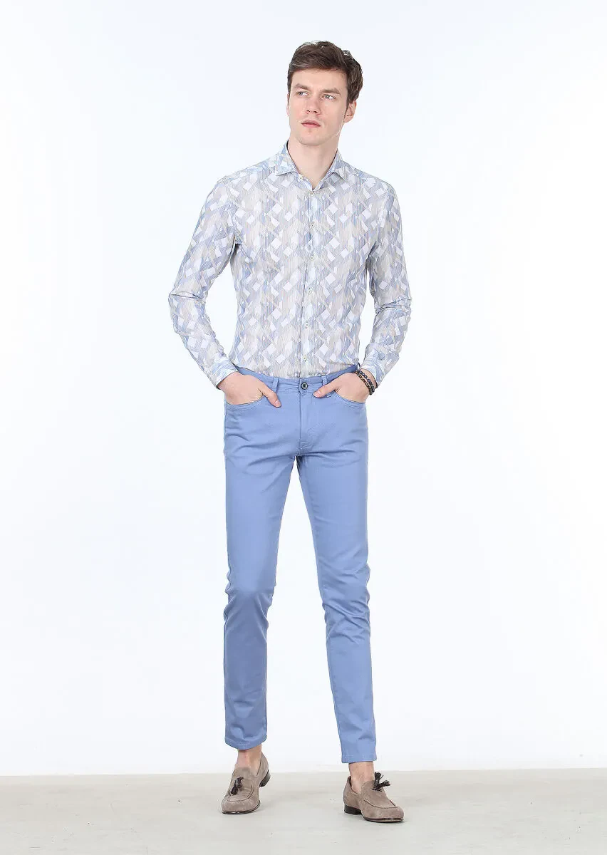 Blue Weaving Slim Fit Casual Cotton Blended Trousers - 1