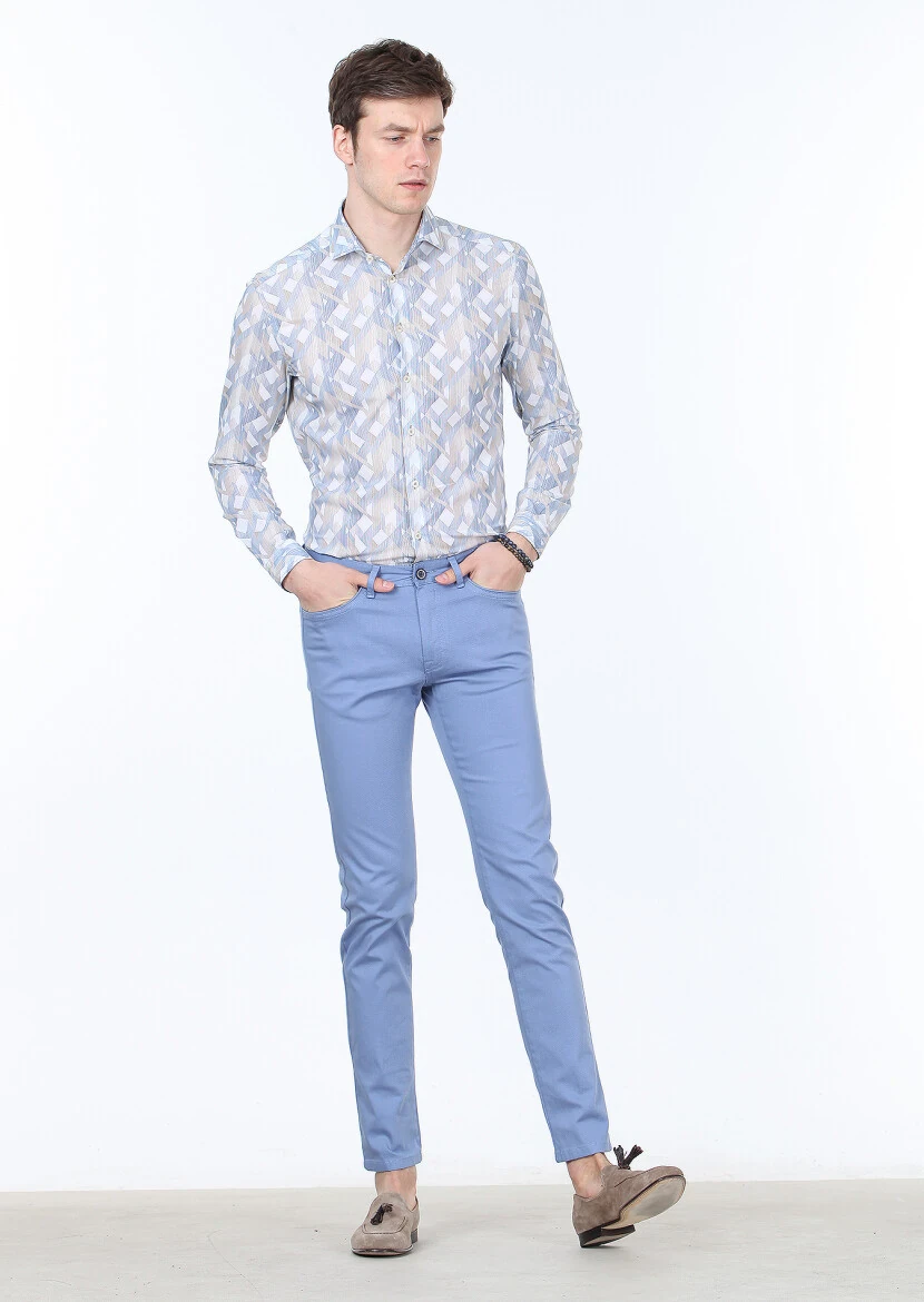 Blue Weaving Slim Fit Casual Cotton Blended Trousers 
