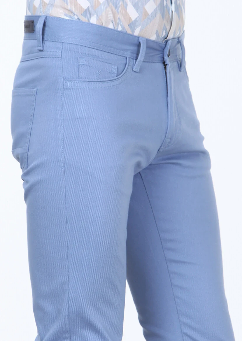 Blue Weaving Slim Fit Casual Cotton Blended Trousers - 3