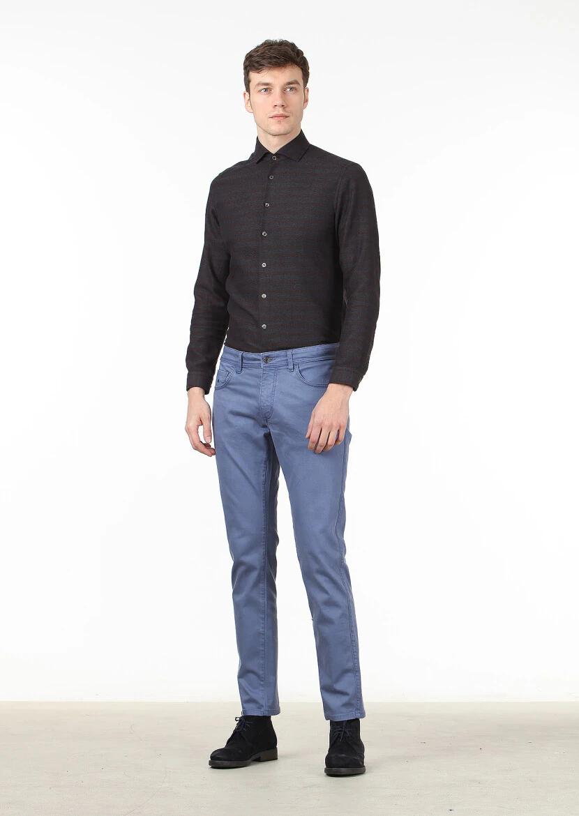 Blue Weaving Slim Fit Casual Cotton Blended Trousers 