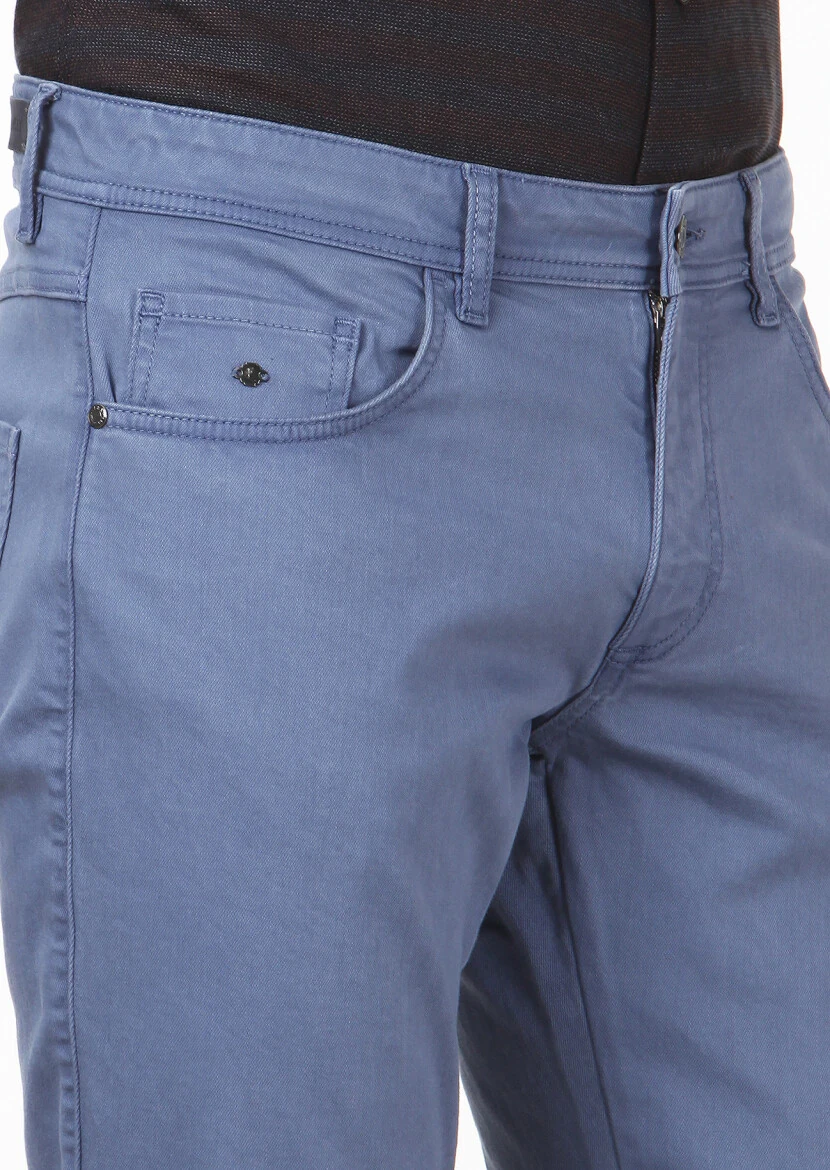 Blue Weaving Slim Fit Casual Cotton Blended Trousers - 3