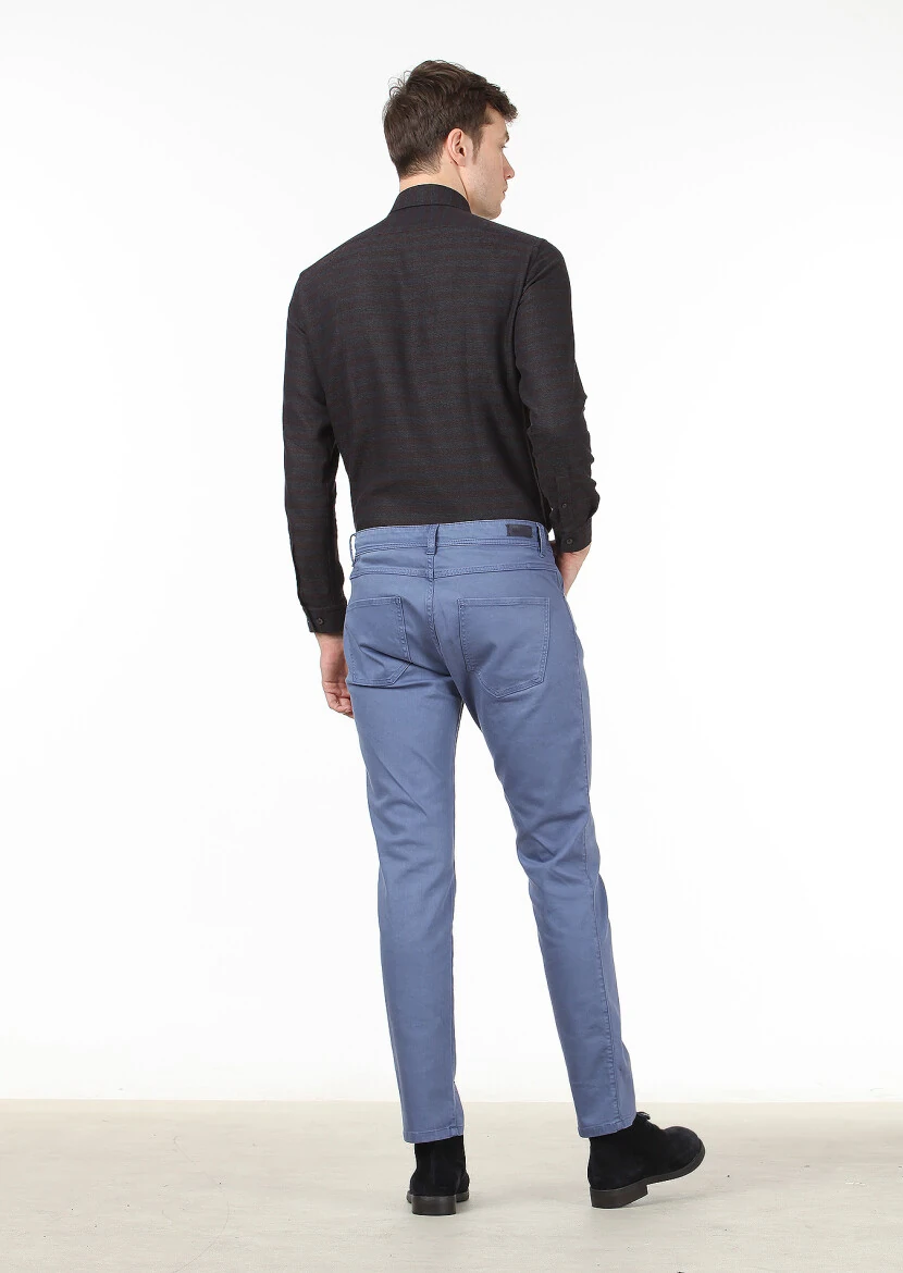 Blue Weaving Slim Fit Casual Cotton Blended Trousers - 4