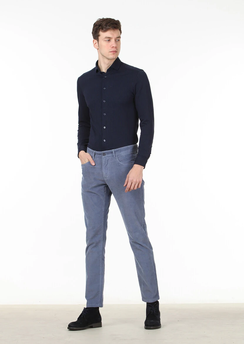 Blue Weaving Slim Fit Casual Cotton Blended Trousers - 1