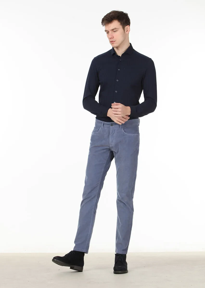 Blue Weaving Slim Fit Casual Cotton Blended Trousers - 2