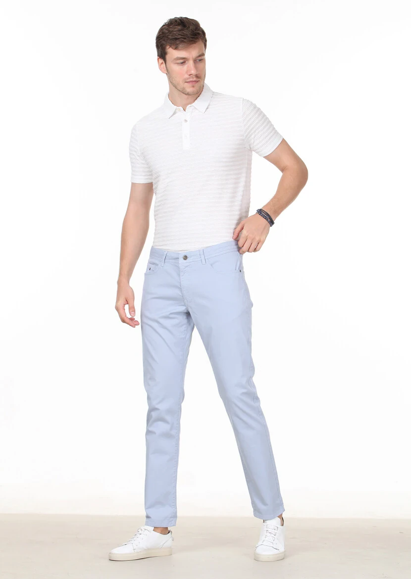 Blue Weaving Slim Fit Casual Cotton Blended Trousers - 1
