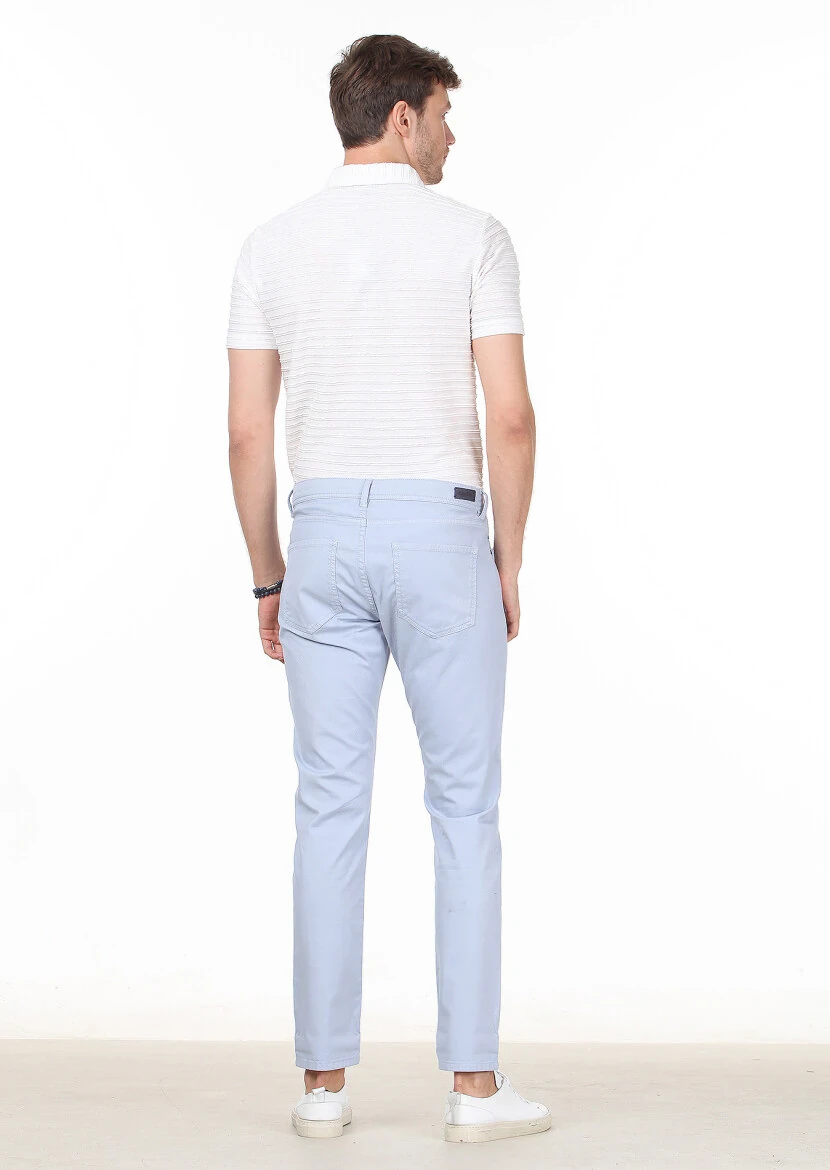 Blue Weaving Slim Fit Casual Cotton Blended Trousers - 4