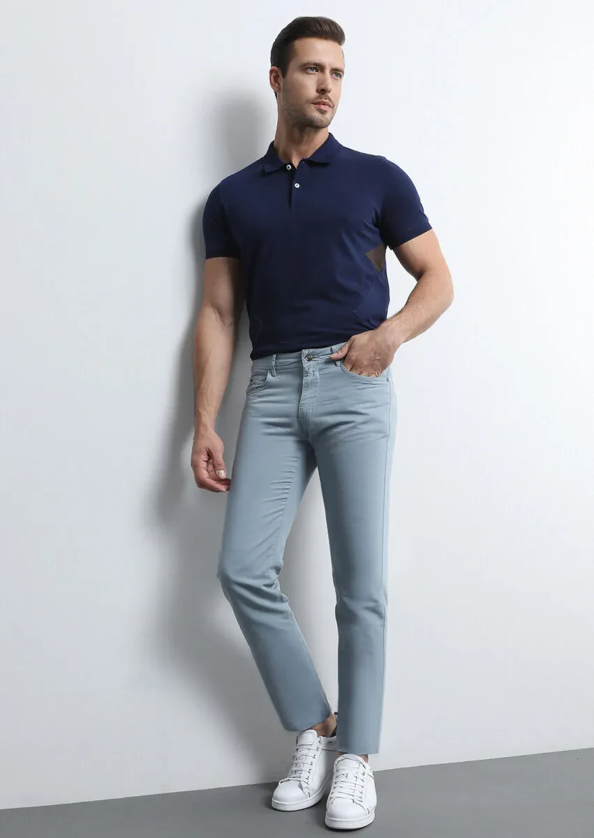Blue Weaving Slim Fit Casual Cotton Blended Trousers - 1