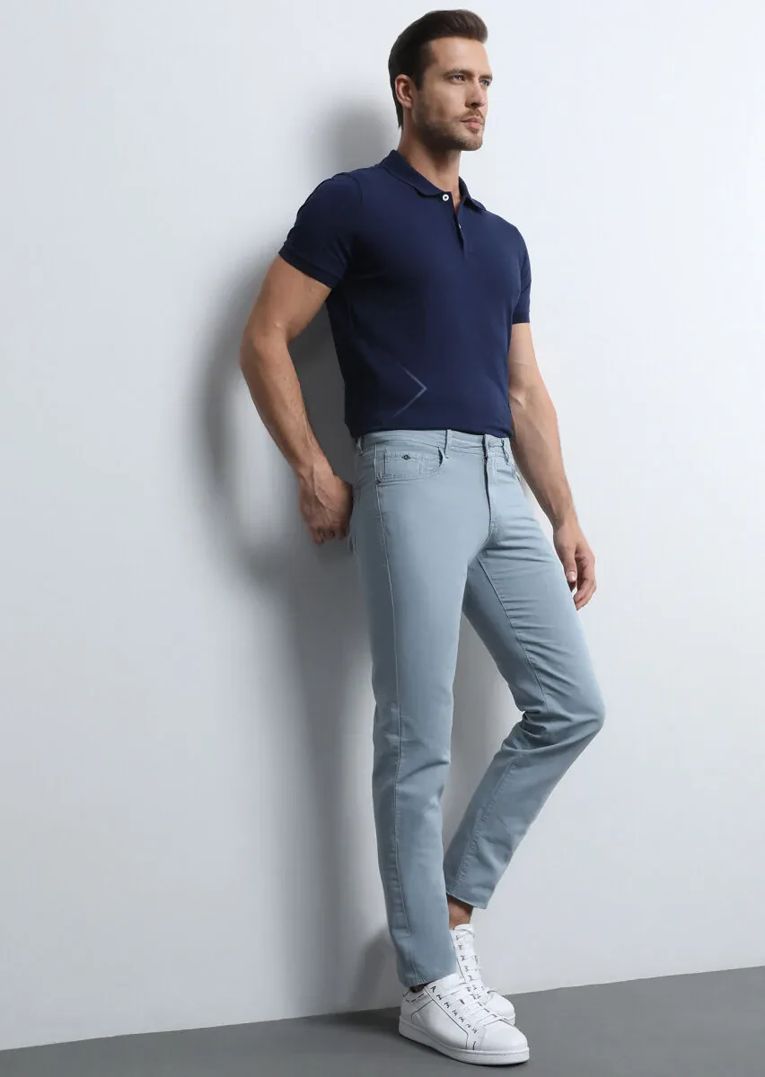 Blue Weaving Slim Fit Casual Cotton Blended Trousers - 3