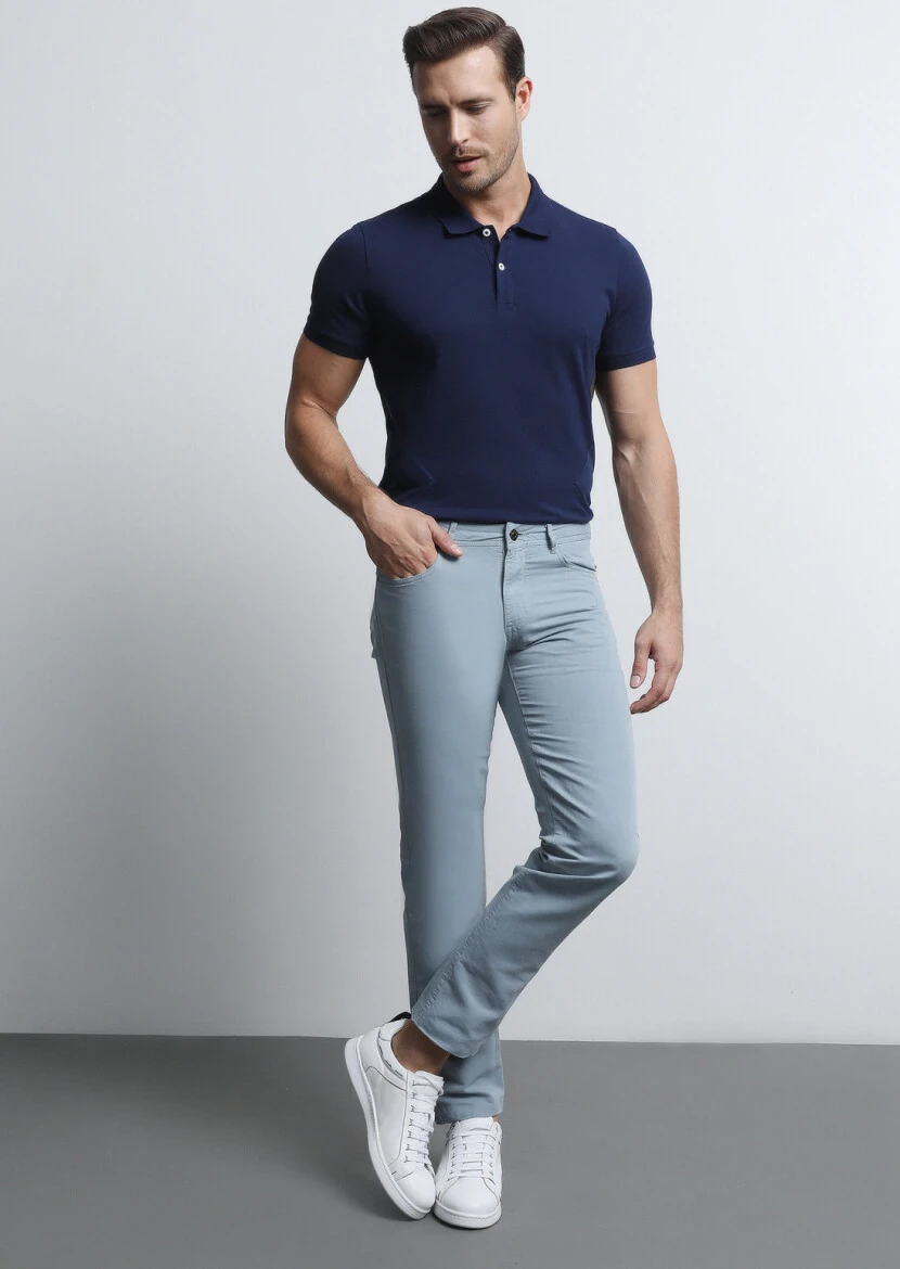 Blue Weaving Slim Fit Casual Cotton Blended Trousers - 4