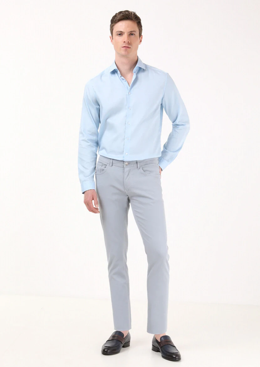 Blue Weaving Slim Fit Casual Cotton Blended Trousers - 1