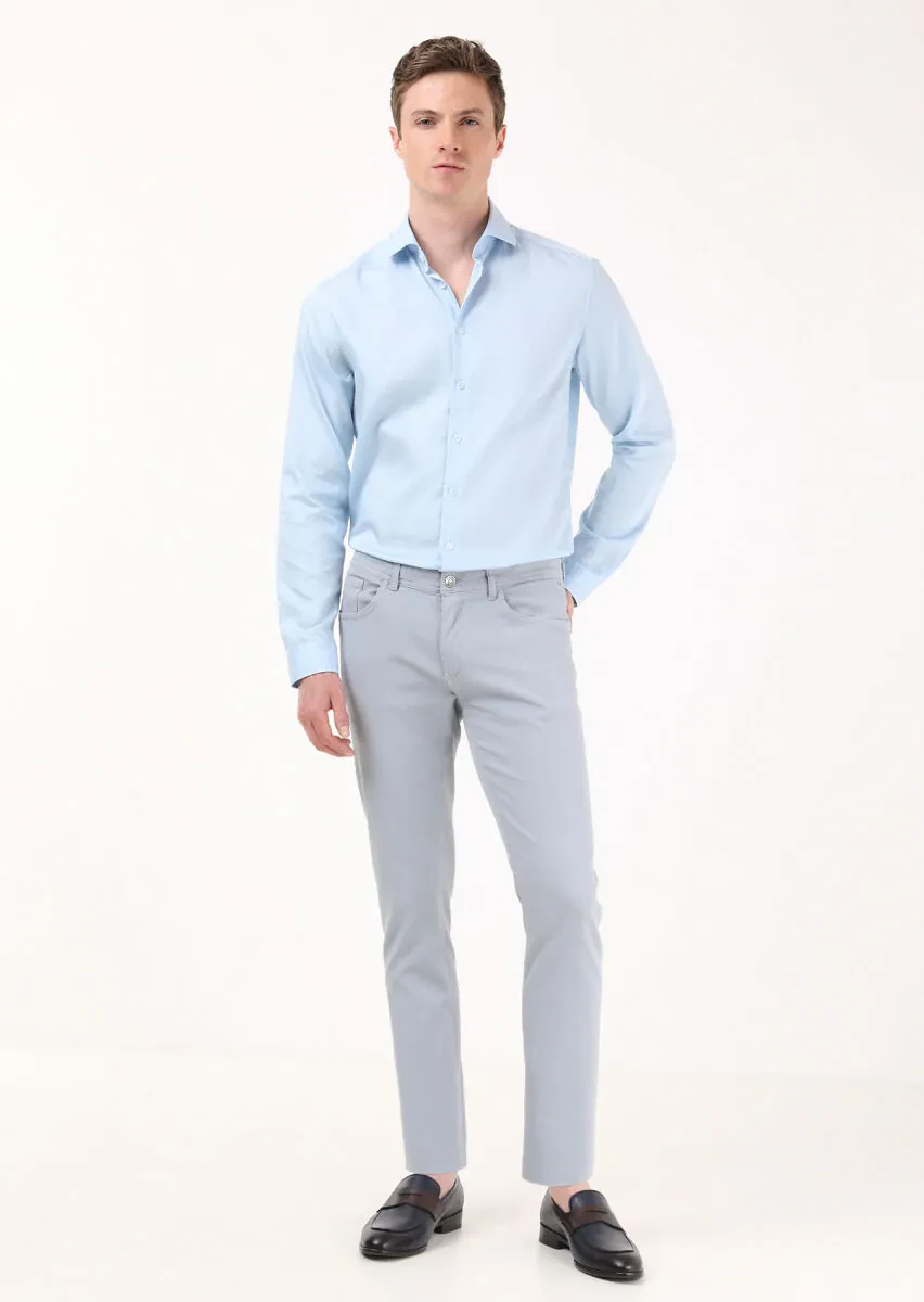 Blue Weaving Slim Fit Casual Cotton Blended Trousers - 1