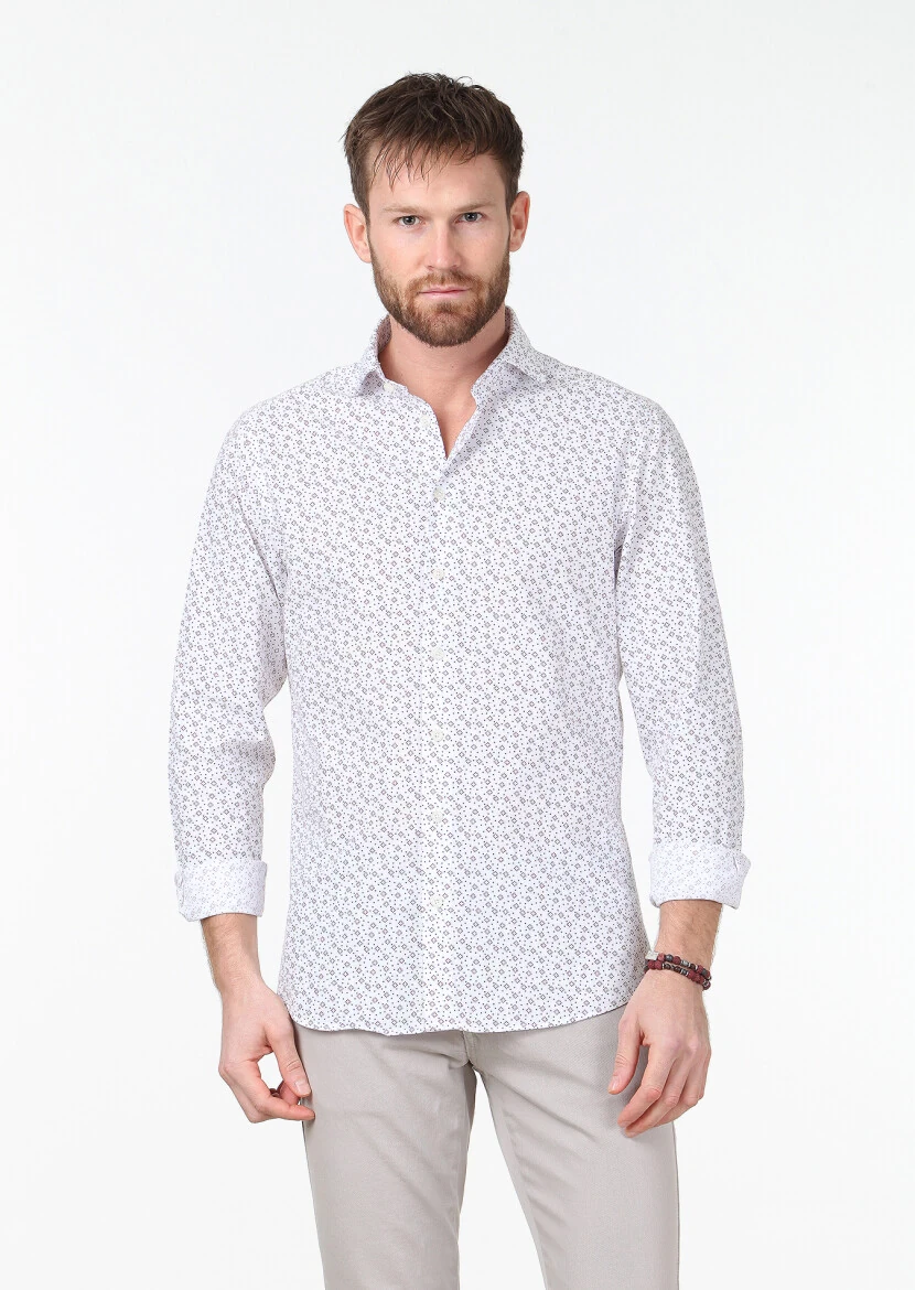 Bordo Baskılı Slim Fit Dokuma Casual %100 Pamuk Gömlek - 1