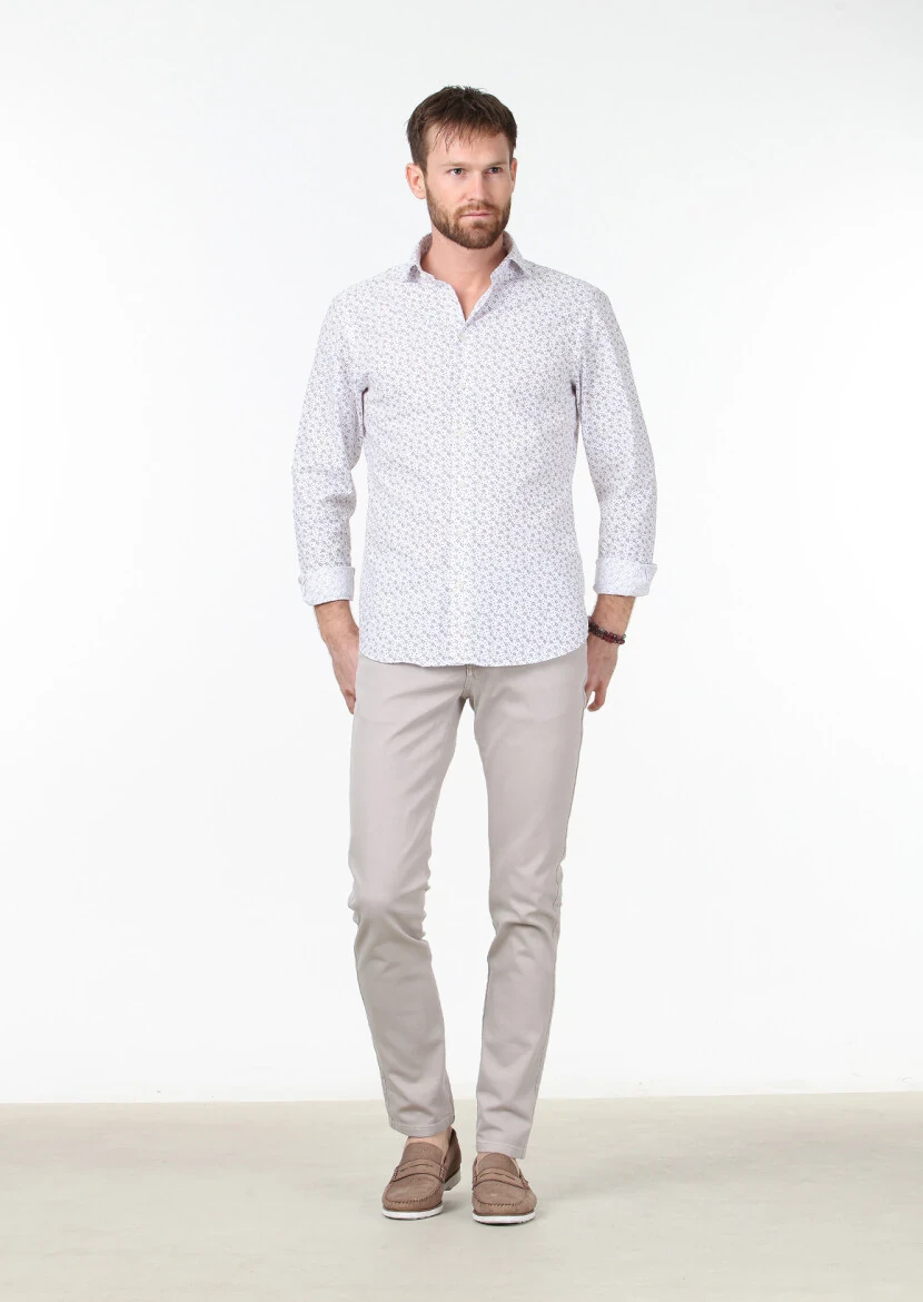 Bordo Baskılı Slim Fit Dokuma Casual %100 Pamuk Gömlek 