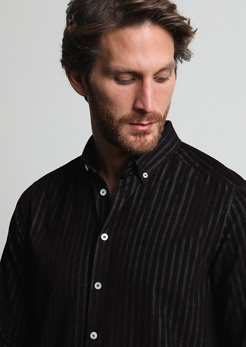 Bordo Çizgili Regular Fit Dokuma Kadife Casual %100 Pamuk Gömlek - 1