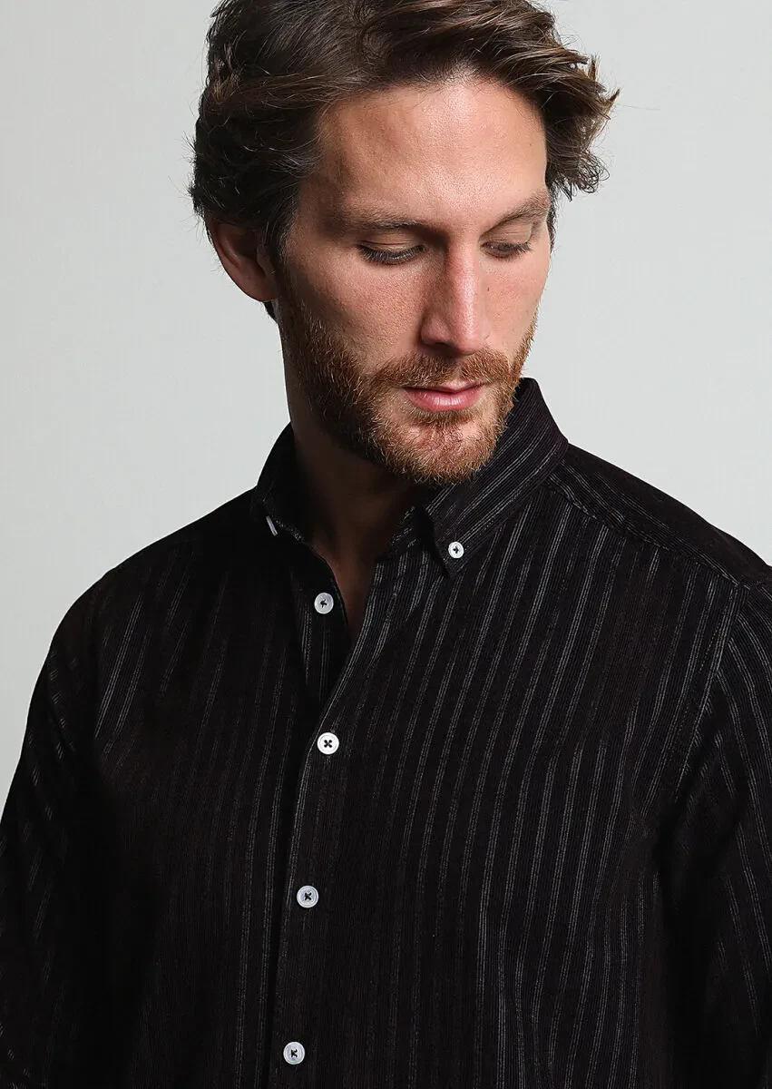 Bordo Çizgili Regular Fit Dokuma Kadife Casual %100 Pamuk Gömlek - 1