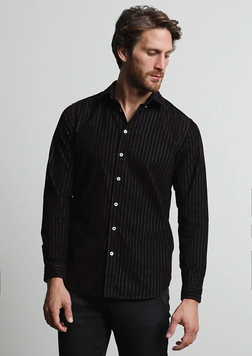 Bordo Çizgili Regular Fit Dokuma Kadife Casual %100 Pamuk Gömlek - 2