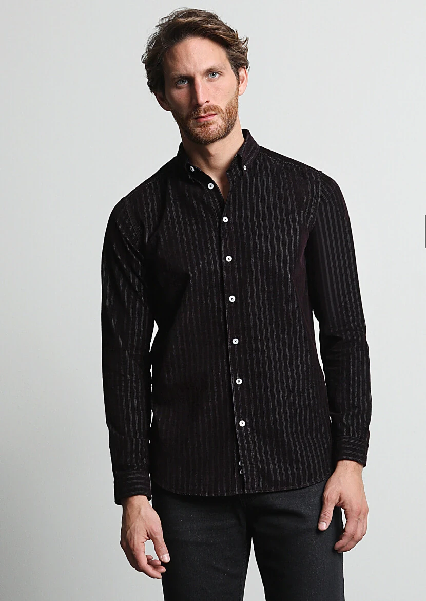 Bordo Çizgili Regular Fit Dokuma Kadife Casual %100 Pamuk Gömlek - 3