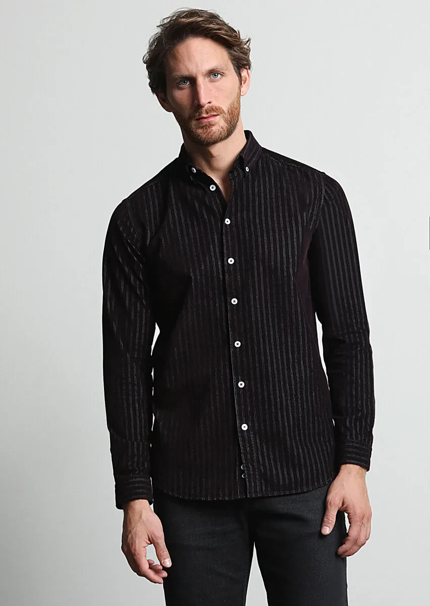 Bordo Çizgili Regular Fit Dokuma Kadife Casual %100 Pamuk Gömlek - 3
