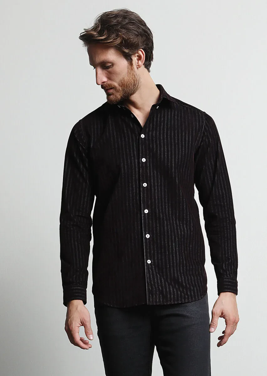 Bordo Çizgili Regular Fit Dokuma Kadife Casual %100 Pamuk Gömlek - 4