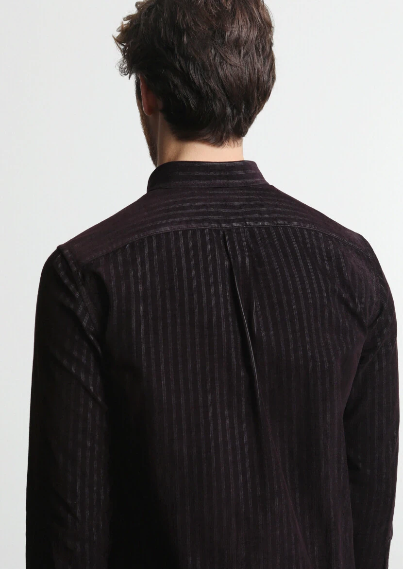 Bordo Çizgili Regular Fit Dokuma Kadife Casual %100 Pamuk Gömlek - 5