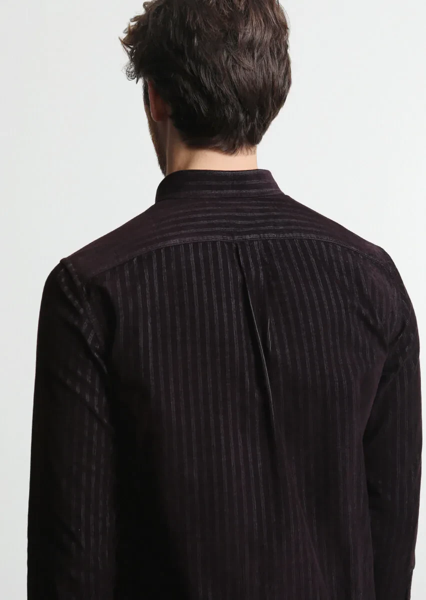 Bordo Çizgili Regular Fit Dokuma Kadife Casual %100 Pamuk Gömlek - 5