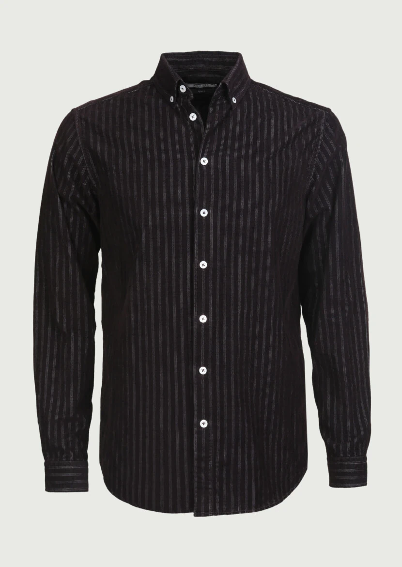 Bordo Çizgili Regular Fit Dokuma Kadife Casual %100 Pamuk Gömlek - 6