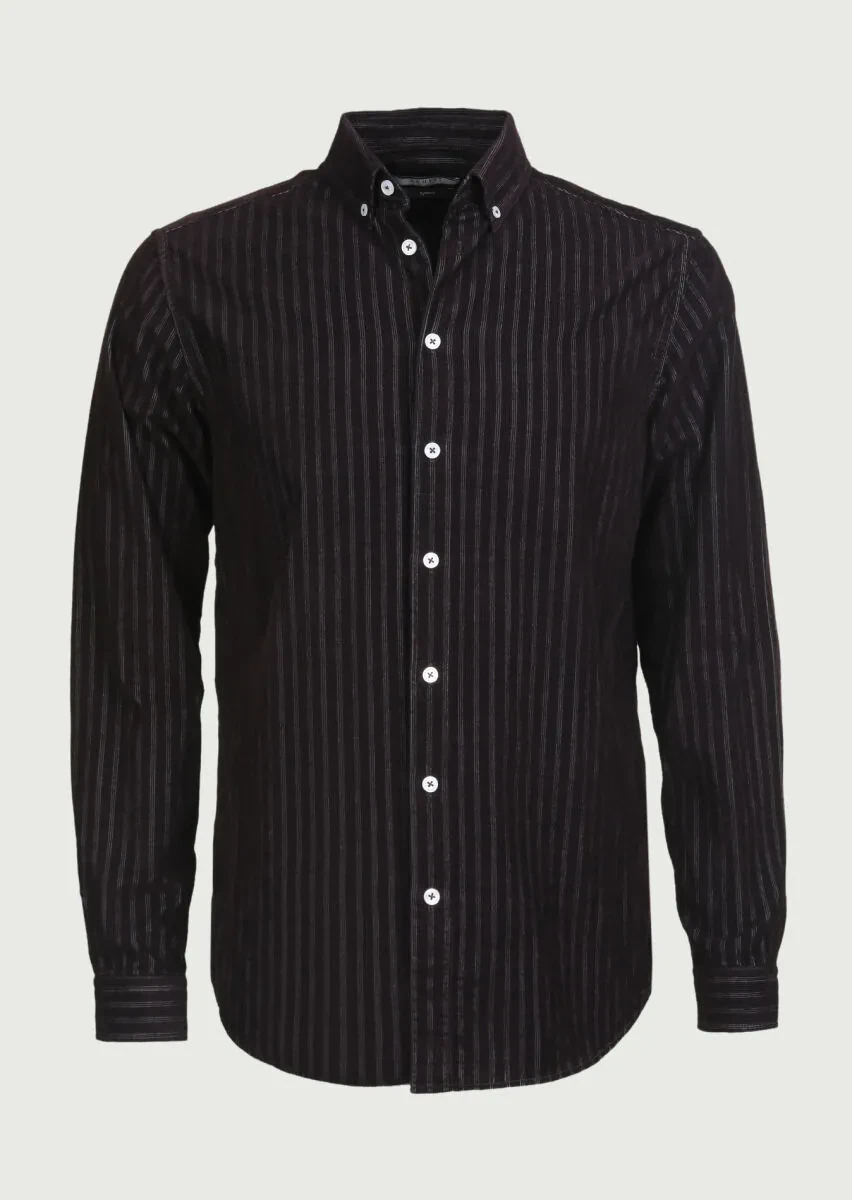 Bordo Çizgili Regular Fit Dokuma Kadife Casual %100 Pamuk Gömlek - 6