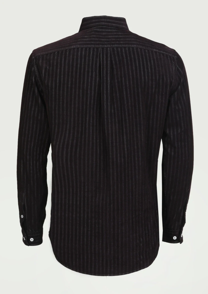 Bordo Çizgili Regular Fit Dokuma Kadife Casual %100 Pamuk Gömlek - 7