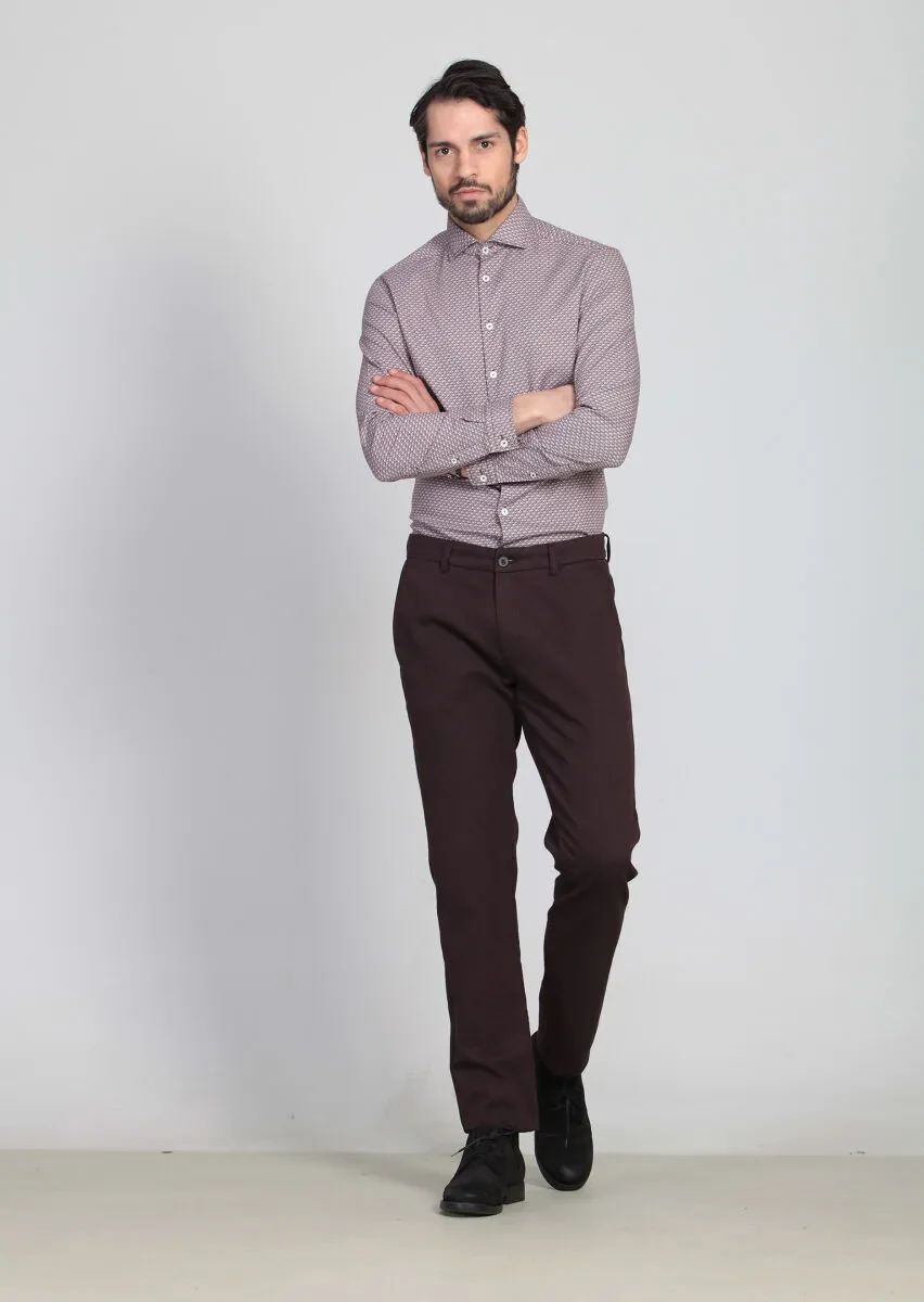 Bordo Desenli Dokuma Regular Fit Casual Pamuk Karışımlı Pantolon - 1