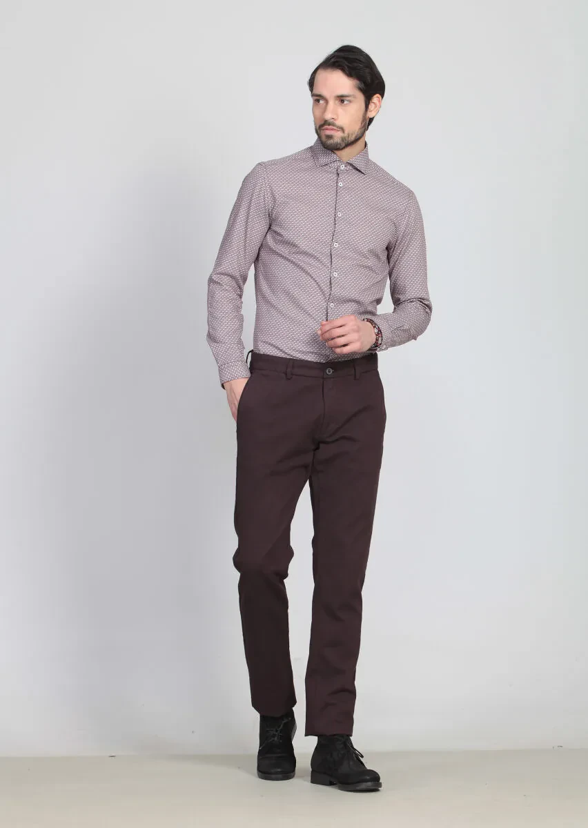 Bordo Desenli Dokuma Regular Fit Casual Pamuk Karışımlı Pantolon - 2