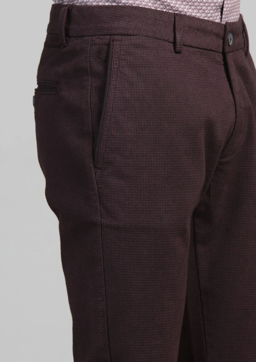 Bordo Desenli Dokuma Regular Fit Casual Pamuk Karışımlı Pantolon - 4