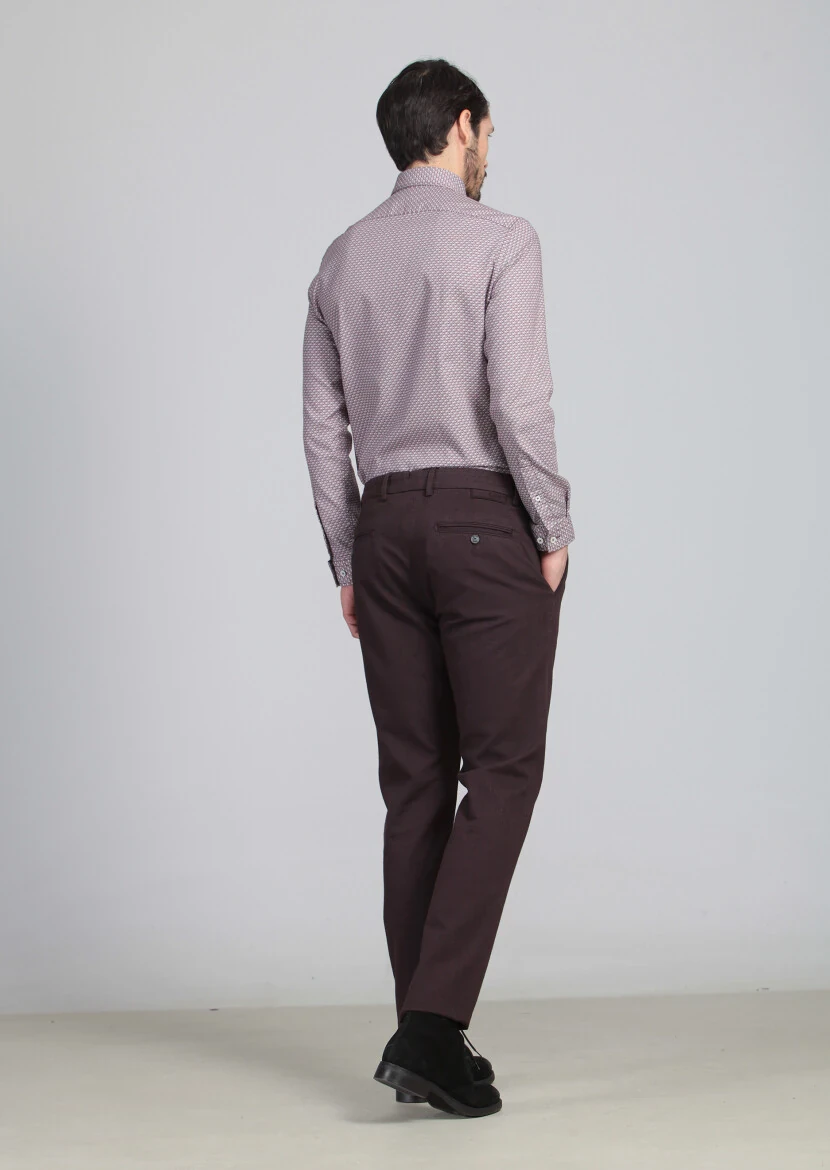 Bordo Desenli Dokuma Regular Fit Casual Pamuk Karışımlı Pantolon - 5