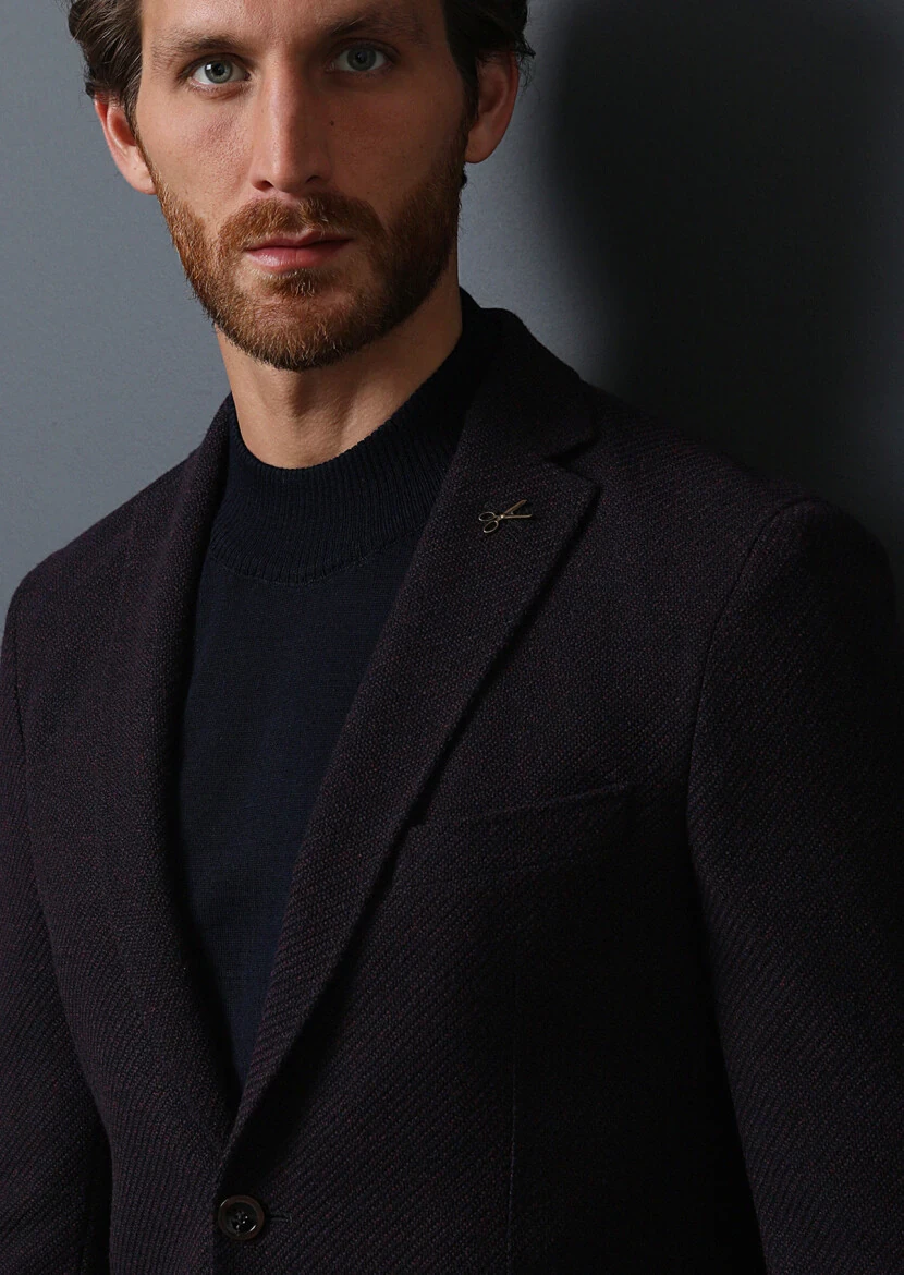 Bordo Desenli Shirt Shoulder Slim Fit Yün Karışımlı Ceket - 1