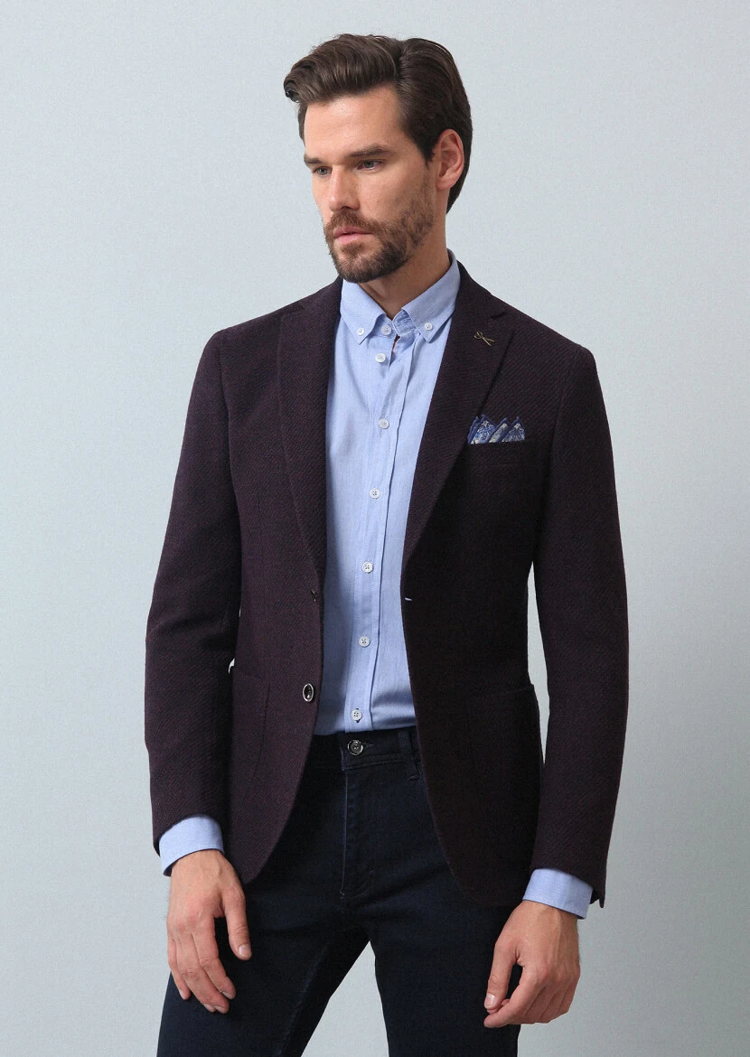 Bordo Desenli Shirt Shoulder Slim Fit Yün Karışımlı Ceket - 2
