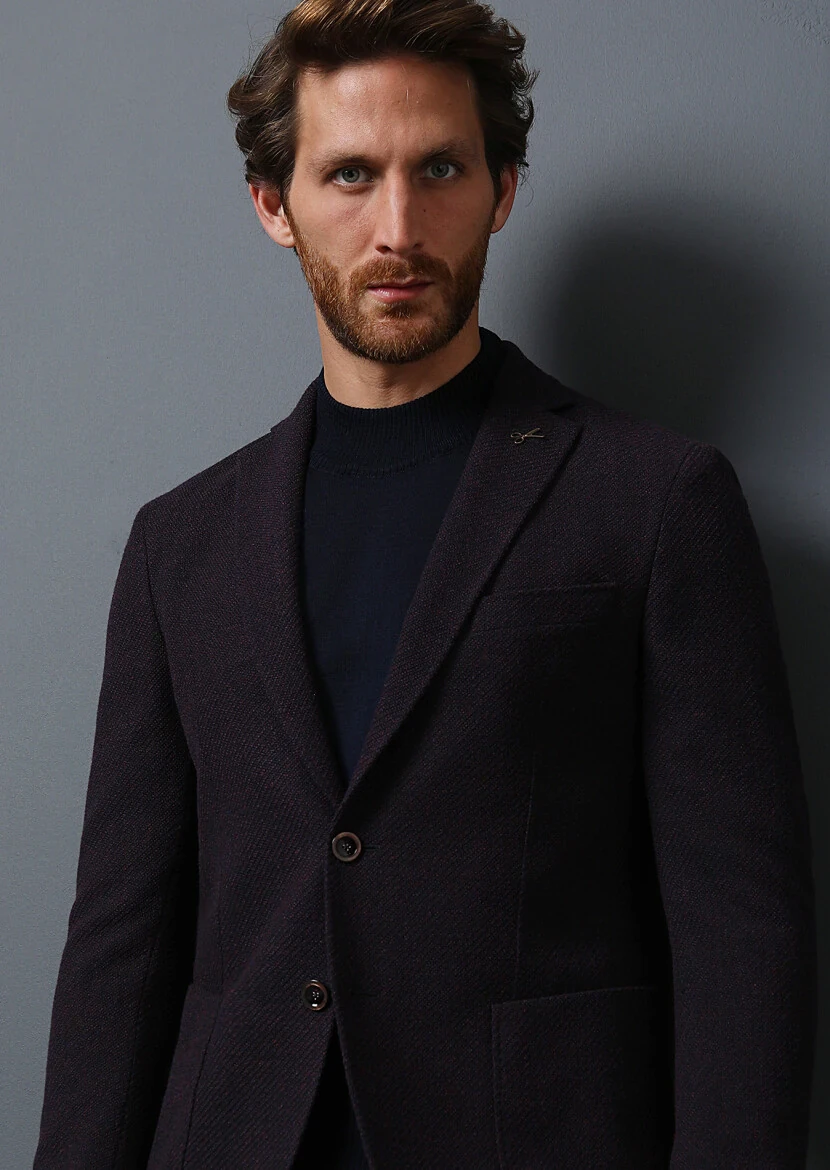 Bordo Desenli Shirt Shoulder Slim Fit Yün Karışımlı Ceket - 3