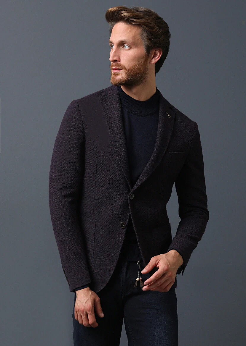 Bordo Desenli Shirt Shoulder Slim Fit Yün Karışımlı Ceket - 4