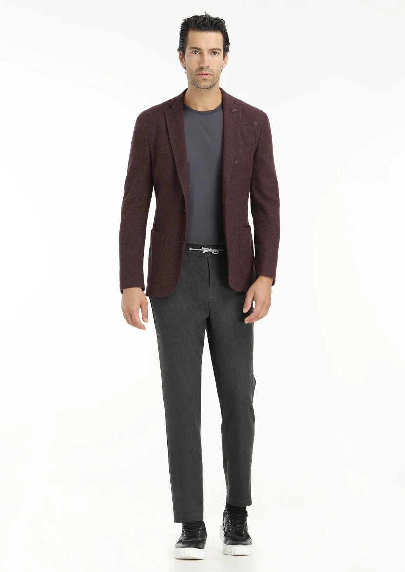 Bordo Desenli Shirt Shoulder Slim Fit Yün Karışımlı Örme Ceket - 1