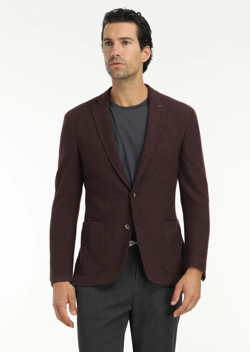 Bordo Desenli Shirt Shoulder Slim Fit Yün Karışımlı Örme Ceket - 2